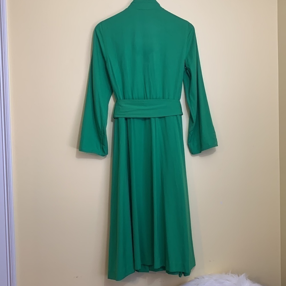 Caron || 80’s Kelly Green Long Sleeve Faux Wrap Belted Shirt Pocket Dress M - Picture 12 of 16